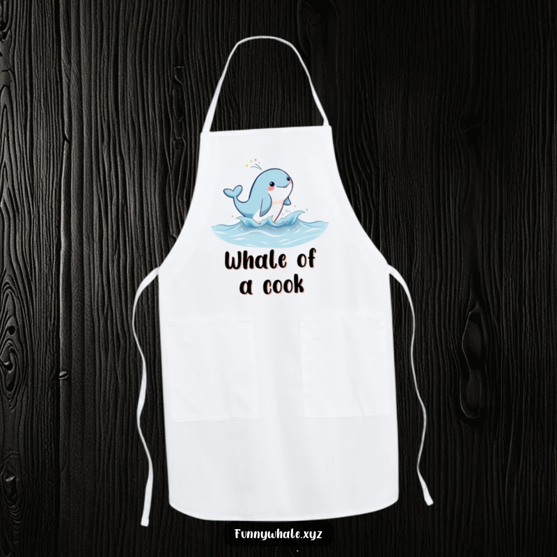 Cute whale character leaping joyfully, spraying rainbow mist on this apron, ready for kitchen adventures.