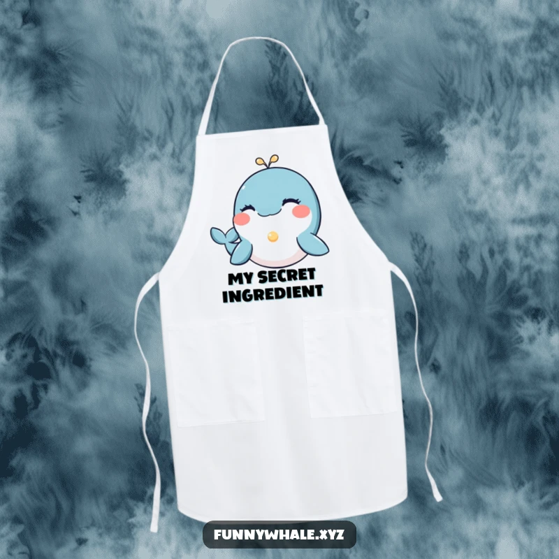 Funny whale winking while offering a small, luminous pearl, a charming and humorous apron for kitchen kindness.