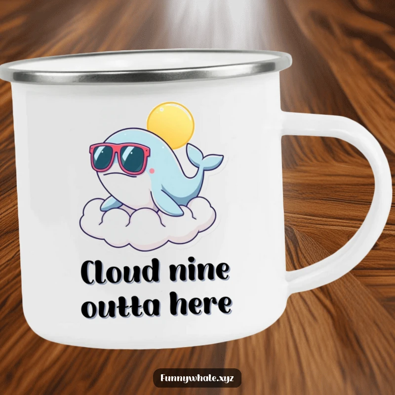 Durable camping mug featuring a funny whale in sunglasses on a sunny cloud, ready for outdoor adventures with a humorous touch.