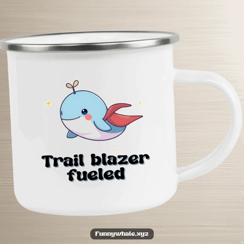Durable camping mug featuring a funny whale hero in a cape with a sparkling trail, perfect for adventurous mornings.