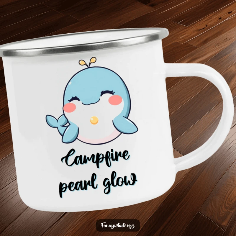 Durable camping mug featuring a funny whale winking and offering a glowing pearl, adding charm to outdoor experiences.