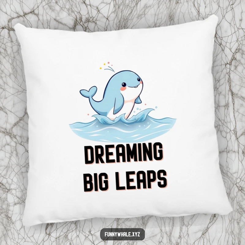 Funny whale leaping joyfully, spraying rainbow mist, featured on a comfortable and decorative pillow.