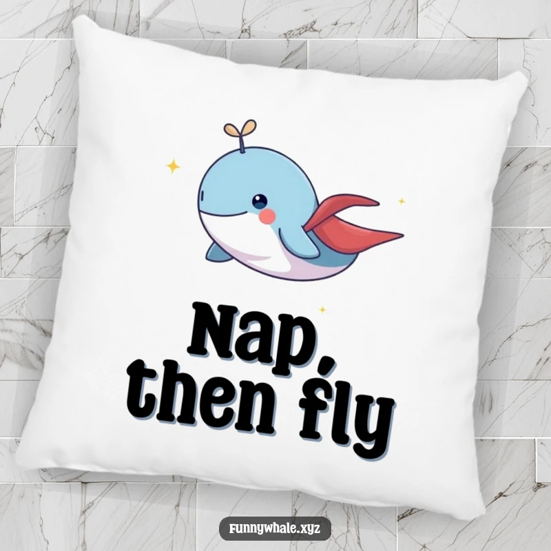 Soft pillow featuring a funny whale hero in a cape, soaring with a sparkling trail, perfect for adding whimsical comfort.