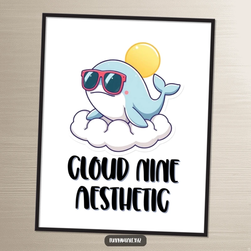 Funny whale wearing oversized sunglasses sits on a fluffy sunny cloud, a humorous digital art print for instant mood-lifting decor.