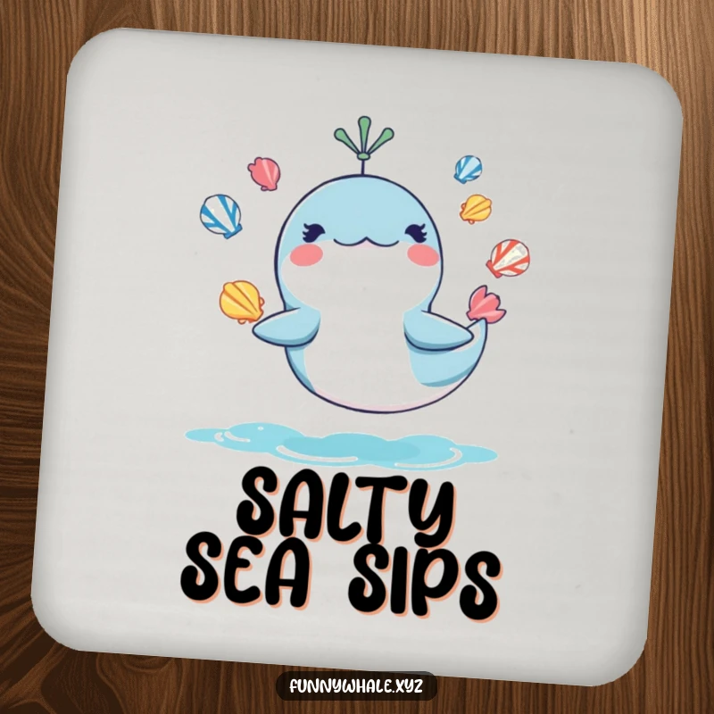 Funny drink coaster set with a whale juggling seashells, adding ocean humor and serving as a delightful funny gift.