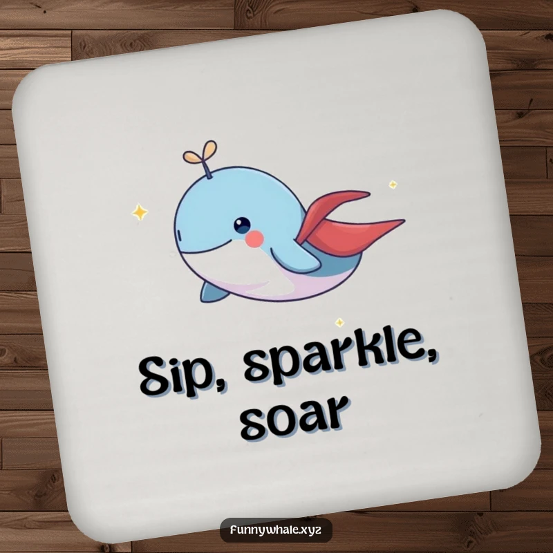 Humorous coaster featuring a funny whale in a cape flying with a sparkling trail, protecting surfaces with magical flair.