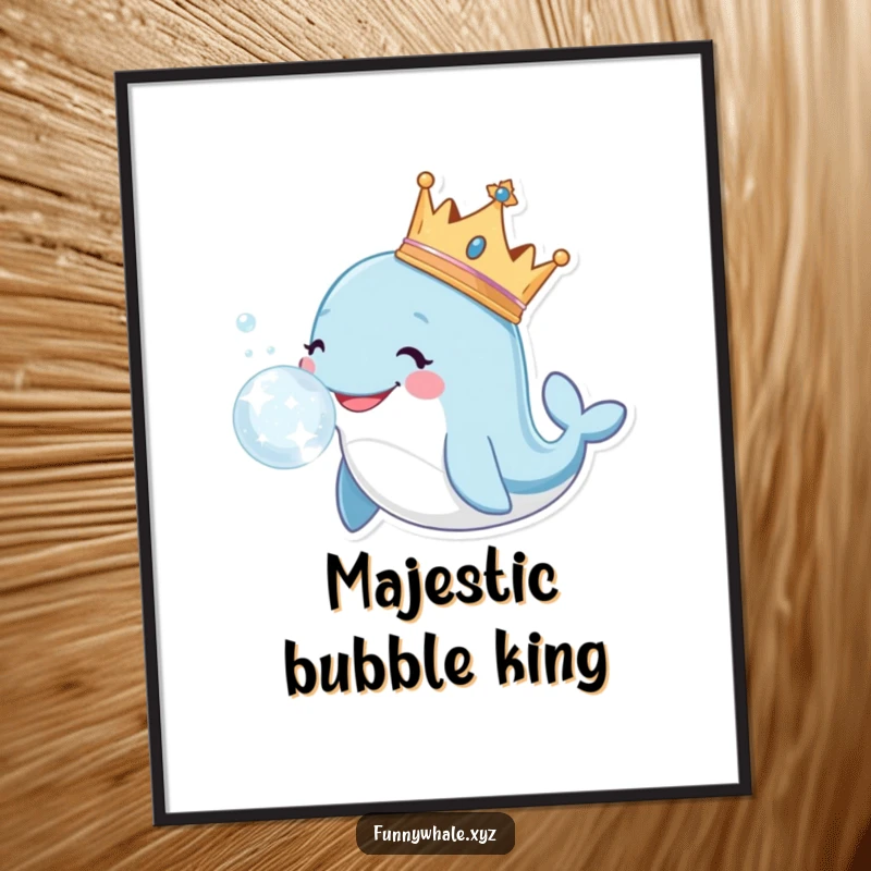 Smiling whale character adorned with a crown, blowing a large, sparkly bubble in this amusing and regal art print.