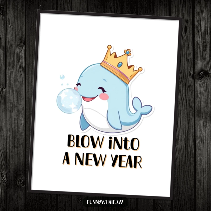 Funny Free Printable Wall Art: A smiling whale wearing a golden crown, blowing a large, dazzling, sparkly bubble.