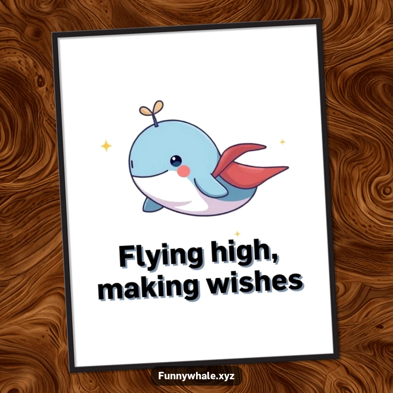 Funny Free Printable Wall Art: A whale in a small cape flying through the air leaving a sparkling trail. Downloadable.