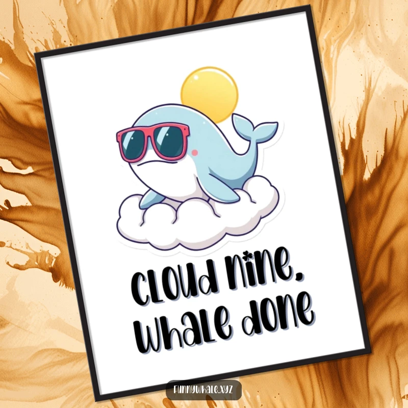 Funny Free Printable Wall Art: Whale wearing oversized sunglasses basking on a sunny cloud, cool and humorous downloadable art.