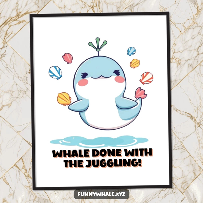 Funny free printable wall art of a mischievous whale juggling colorful seashells, creating a vibrant underwater scene.