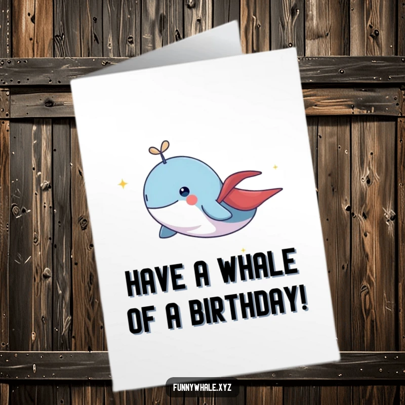 Funny Free Printable Birthday Card: Whale in a small cape flying with a sparkling trail, a heroic birthday wish. Downloadable.