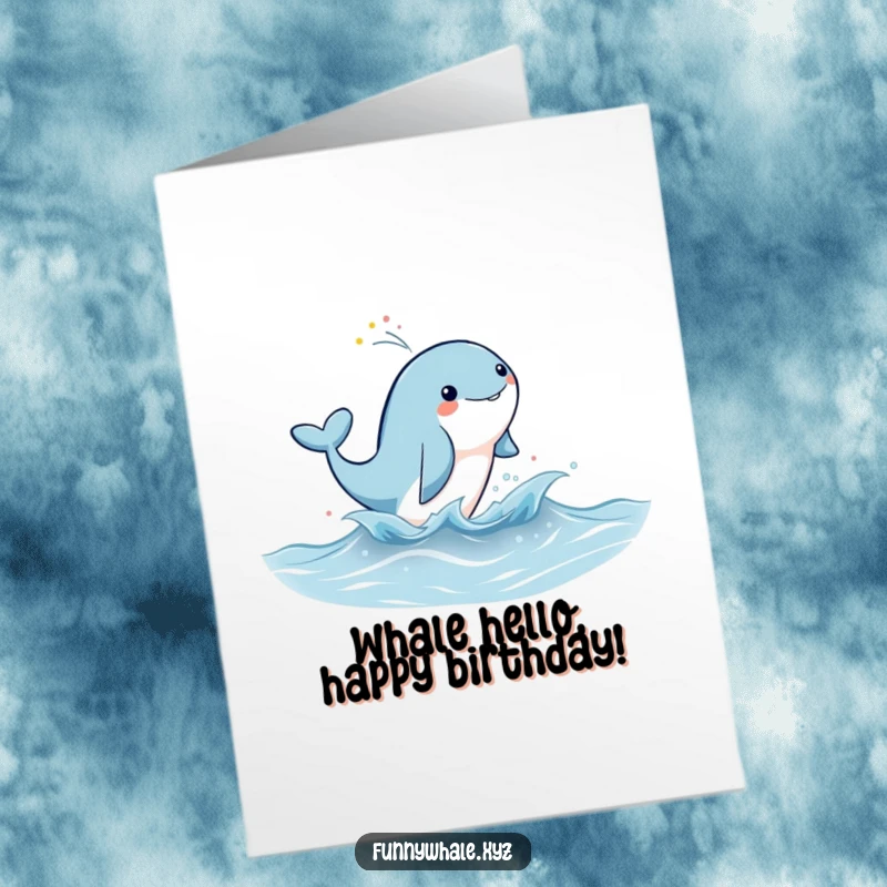 Funny Free Printable Birthday Card: Cute whale joyfully leaping from water, creating a spectacular rainbow mist spray.