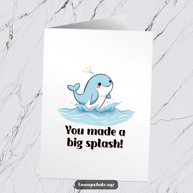 Funny Free Printable Congrats Card: A whale leaping high, spraying a vibrant rainbow mist, perfect for celebrating success.