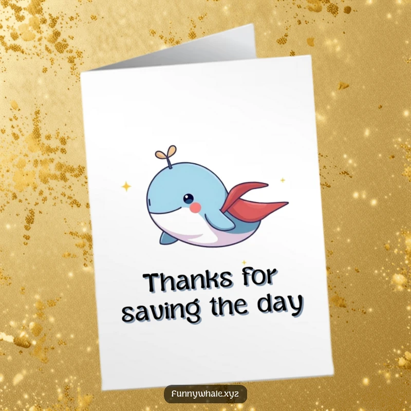 Funny Free Printable Thank You Card: Whale with a cape flying dynamically, leaving a sparkling trail. Downloadable.