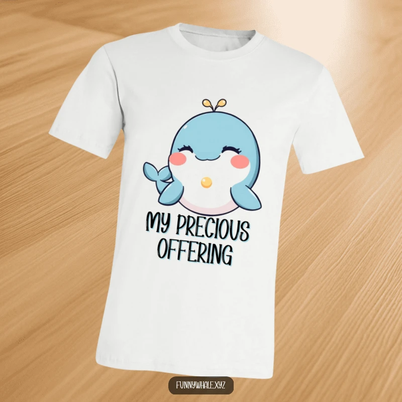 Funny whale character with a friendly wink offering a glowing pearl, a radiant and humorous t-shirt.