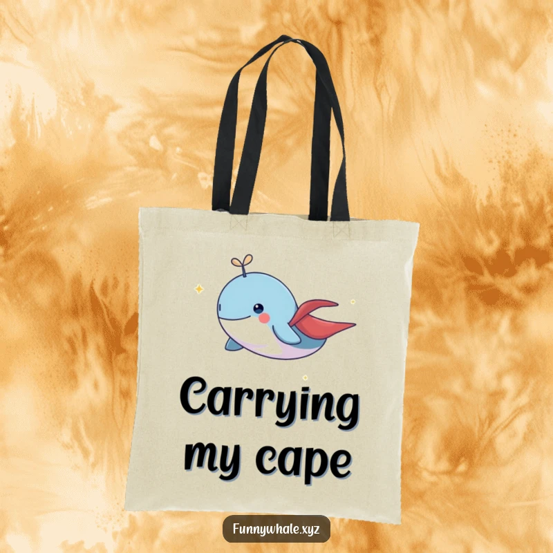 Funny whale with a small cape flying with a shimmering trail, a whimsical tote bag for carrying dreams and necessities.