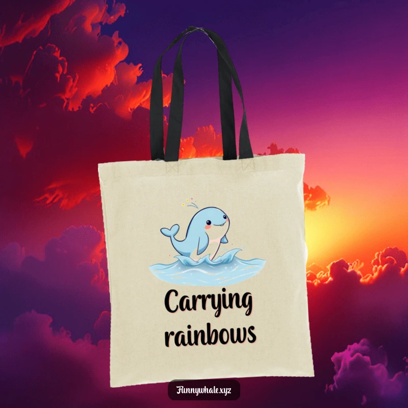 Funny whale leaping out of the water, spraying rainbow mist on a durable tote bag, perfect for everyday magic.