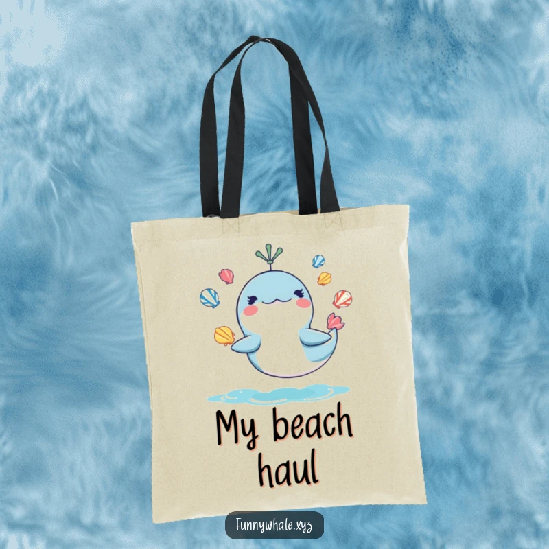 Funny tote bag artwork of a whale juggling seashells, perfect for beach vibes and as a humorous funny gift.